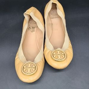 Tory Burch Nude Patent Leather Caroline Beige Ballet Flats Slip